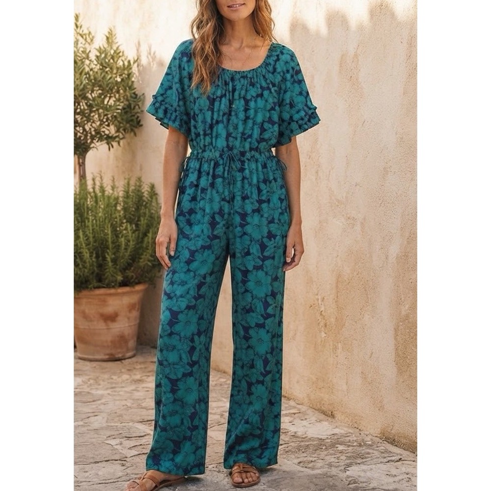 SUNDANCE Jumpsuit Women's Sz S Navy Green Floral Cotton Resort Wear Boho Coastal